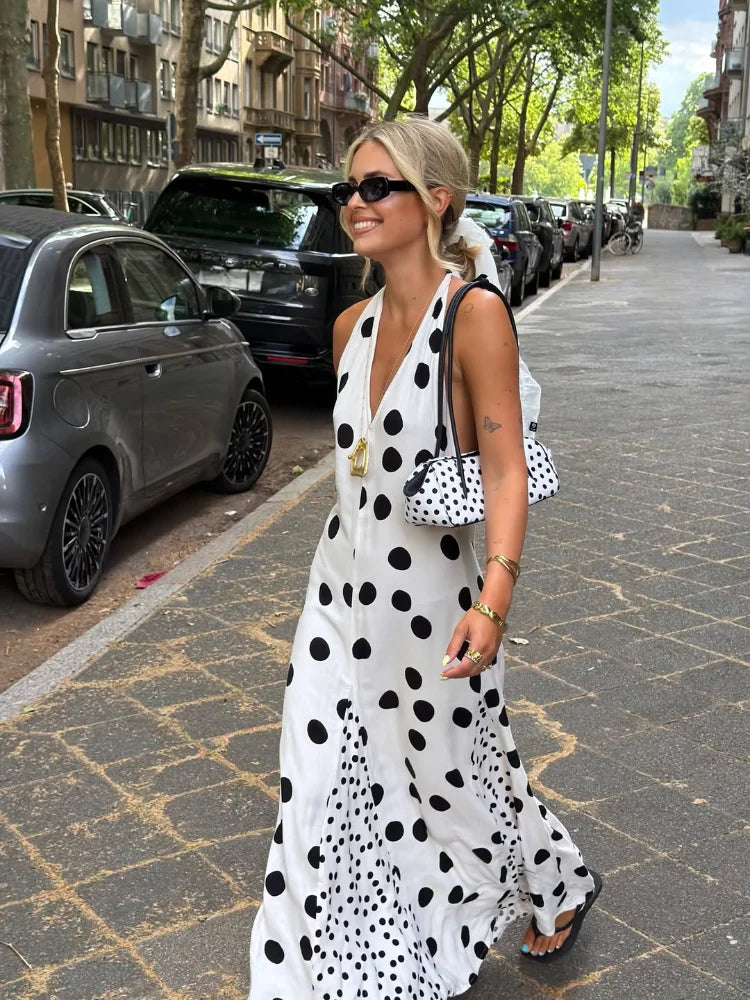 LIZAKOSHT  -  Polka Dot Satin Women's Maxi Dress Deep Plunge V Neck Sleeveless Loose Female Vestio Summer New Casual Date Streetwears