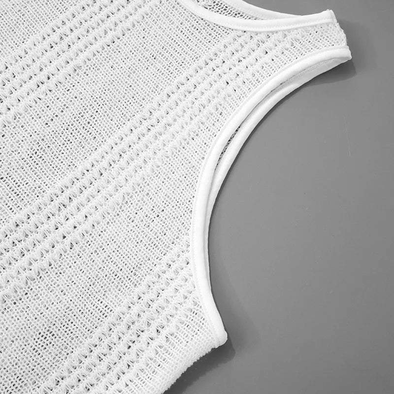 LIZAKOSHT  -  Street Wear White Knitted Round Collar Sleeveless Summer Irregular Hem Midi Dress See Through Bodycon Holiday Beach Dresses