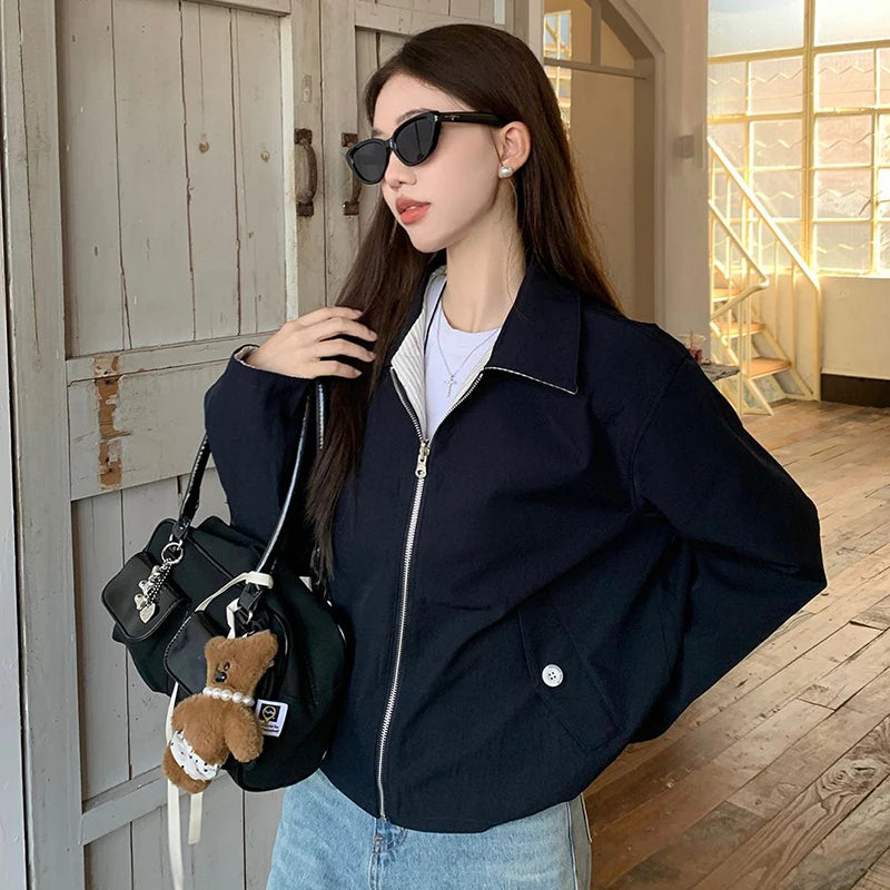 LIZAKOSHT  -  Reversible Jacket Women Spring Fall Simple Vintage Striped Baseball Zipper Chic Golf Outwear Harajuku Classic Commute Tops