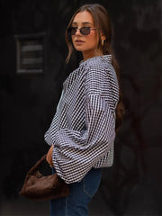 LIZAKOSHT  -  Spring Autumn New Plaid Shirt Women Blouse Turn-down Collar Lantern Sleeve Career OL Shirt Top Checker 49902