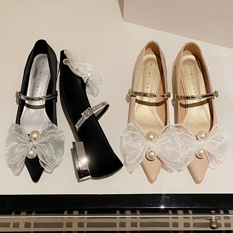 LIZAKOSHT  -  Bowknot Elegant Low Heel Mary Jane Shoes Women Buckle Shallow Fashion Dress Shoes Female Autumn Pointed Toe Pumps Women Shoes