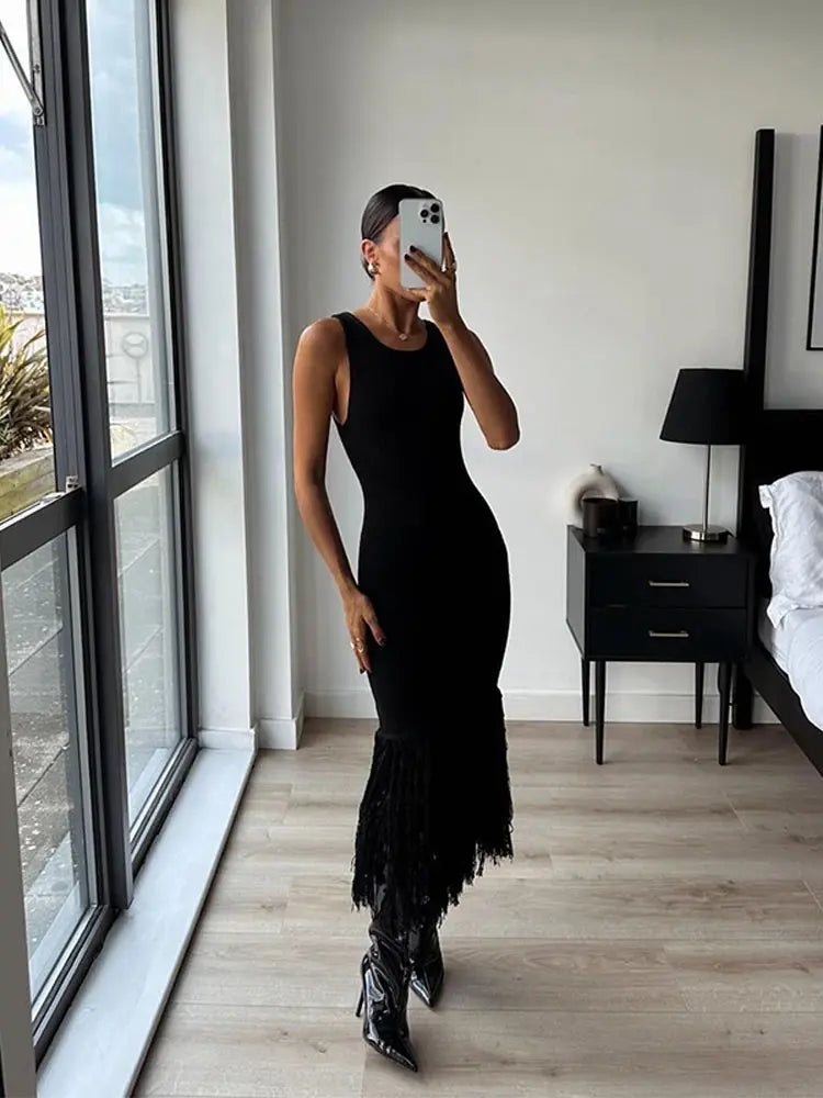 LIZAKOSHT  -  Elegant Tassels Hem Patchwork Women Knit Dress Chic O-neck Sleeveless Bodycon Midi Dresses 2024 Summer Lady Beach Vacation Robes