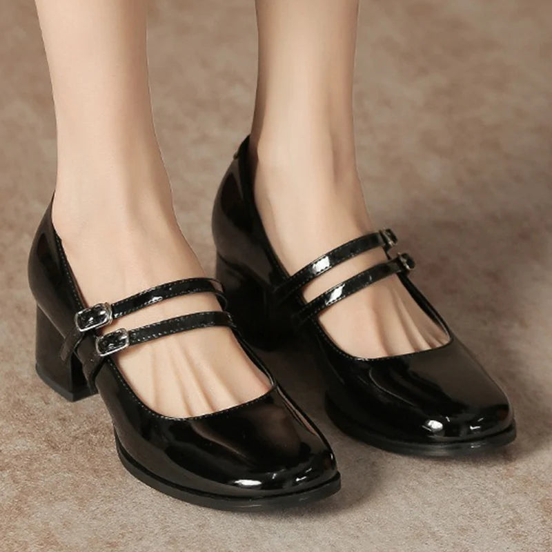 LIZAKOSHT  -  Women 4.5cm High Heels Classic French Style Pumps Female Metal Buckle Strap Thick Heels Lady Elegant Round Toe Mary Jane Shoes