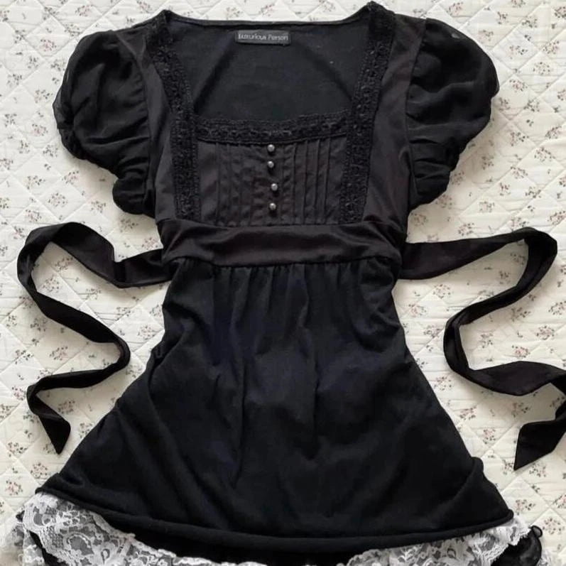 LIZAKOSHT  -  Gentle Sexy Dark Subculture 2000s T Shirts Summer Gothic Harajuku Aesthetic Short sleeve Femme Slim Girdling Waist Lace T Shirts