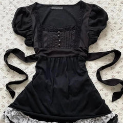LIZAKOSHT  -  Gentle Sexy Dark Subculture 2000s T Shirts Summer Gothic Harajuku Aesthetic Short sleeve Femme Slim Girdling Waist Lace T Shirts
