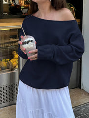 LIZAKOSHT  -  Casual Solid Off-Shoulder Sweater Basic Loose Crew Neck Long Sleeve Knitted Pullovers Women Autumn Winter Fashion
