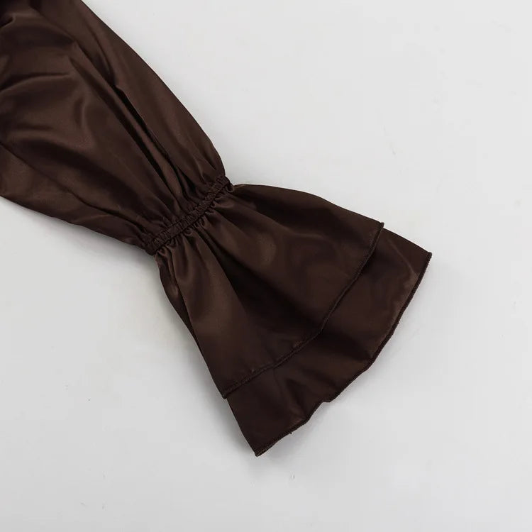 LIZAKOSHT  -  Retro Brown Shirt For Women 2025 New Summer Casual Solid Loose Single Breasted Blouse Simple Turn-down Collar Long Sleeve Shirts