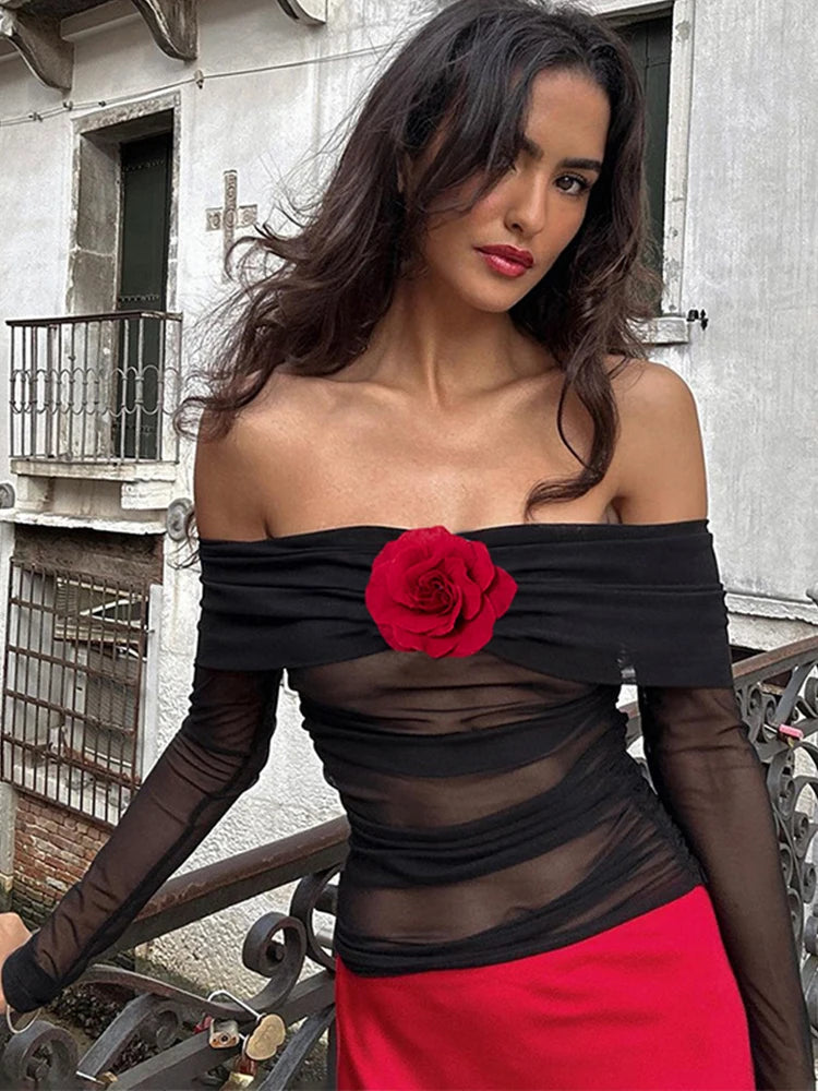 LIZAKOSHT  -  Y2k Tops Women Sexy Black Mesh See Through Party T Shirt Spice Girls Backless Off Shoulder Skinny Tees Floral Applique Clothes
