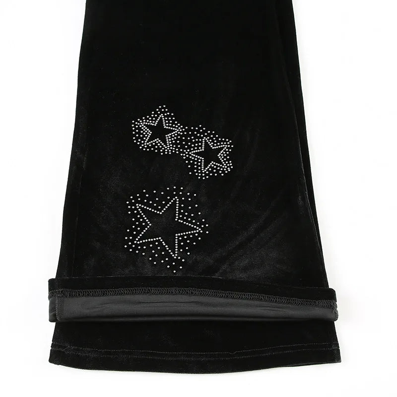 LIZAKOSHT  -  UShaped Star Rhinestone Velvet Low Waist Slim Flared Pants Trousers Jumpsuit Playsuit