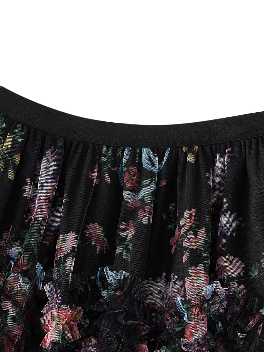LIZAKOSHT  -  Early Fall Floral Print Ruffle Mesh Skirt Women Irregular Flowy A-line Midi Skirt for Travel, Beach, Shopping