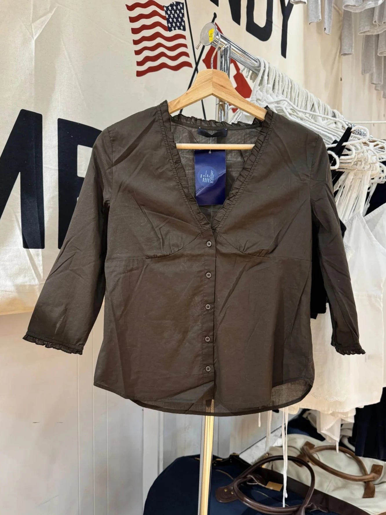 LIZAKOSHT  -  Ruffles Three Quarter Sleeve T-shirt Blouse Woman Autumn V-neck Single Breasted Cotton Slim Casual Shirts Brown Vintage Tops