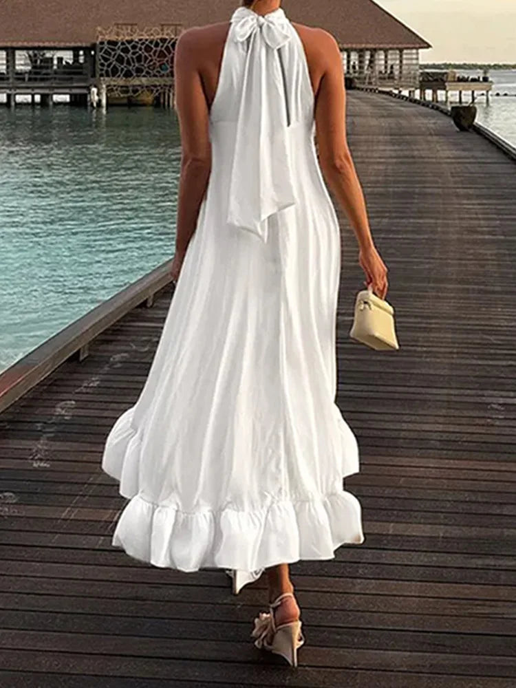 LIZAKOSHT  -  Fashion Irregular Sleeveless Halter Evening Dress Sexy Women Solid Color Loose Party Dress Elegant Off Shoulder Pleat Long Dress