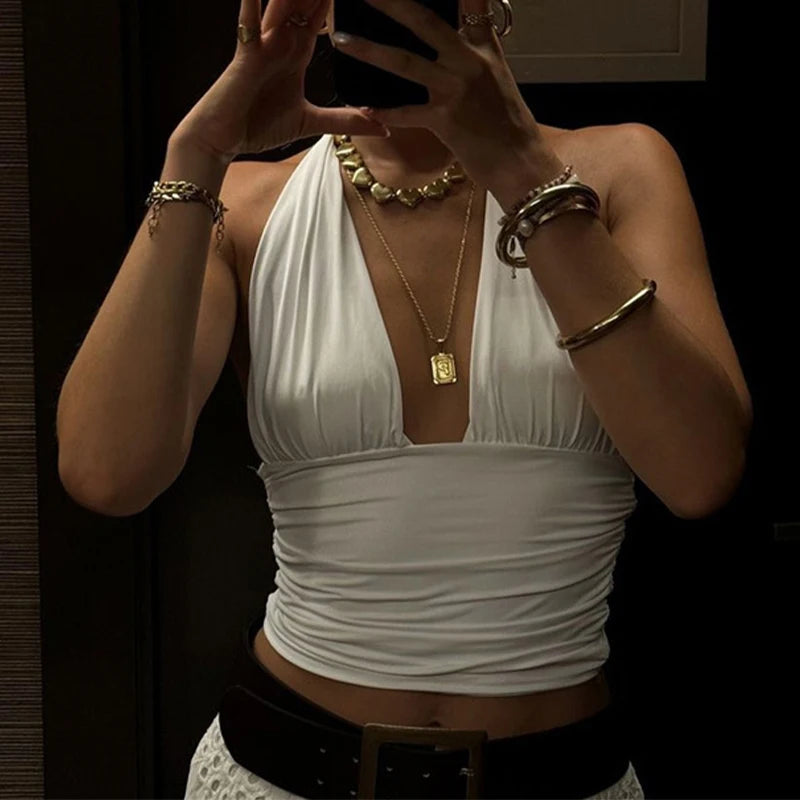 LIZAKOSHT  -  Summer Solid Color Halter Lacing Fashion Club Crop Top for Women Open Back Ruched Sleeveless Skinny Party Camisole Clothing
