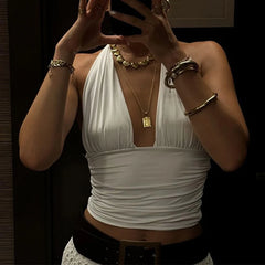 LIZAKOSHT  -  Summer Solid Color Halter Lacing Fashion Club Crop Top for Women Open Back Ruched Sleeveless Skinny Party Camisole Clothing