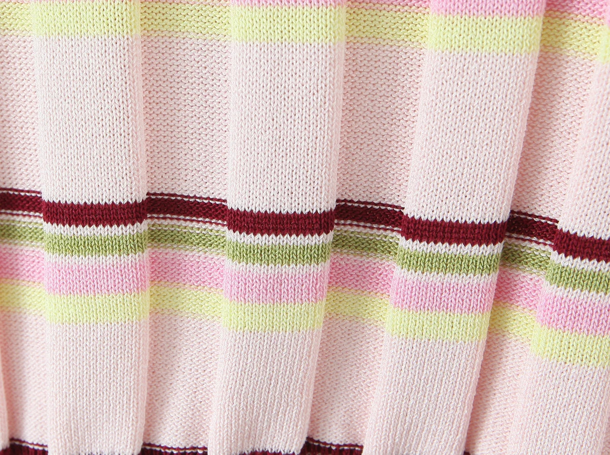 LIZAKOSHT  -  Women Pink Stripes Open Buttons Polo Collar Rib Knitted Short Sleeve Sweater Pullovers Knitwear All Match Knitting Tops Jumper