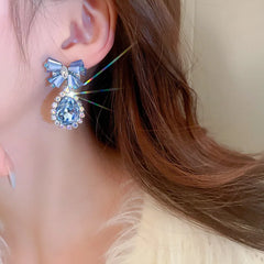 Lizakosht Minar Luxury Shiny Blue Color Crystal Rhinestones Bowknot Water Drop Earring for Women Hanging Dangle Earrings Bridal Jewelry