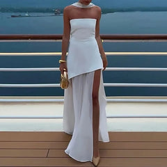 LIZAKOSHT  -  Elegant Patchwork Solid Color Party Dress Fashion Strapless Scarf High Waist Evening Dress Lady Temperament Summer Long Dresses