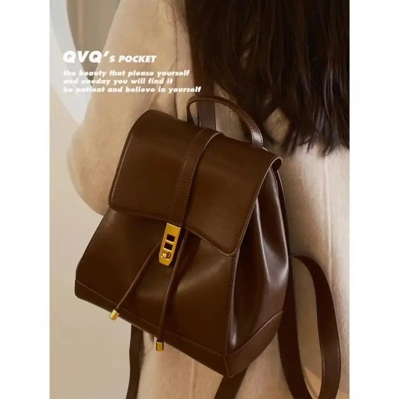 LIZAKOSHT  -  Retro Drawstring Backpack Women Solid Color Leather Large Capacity Fashion Premium Travel Bag Ladies Sle Casual Mochilas Mujer
