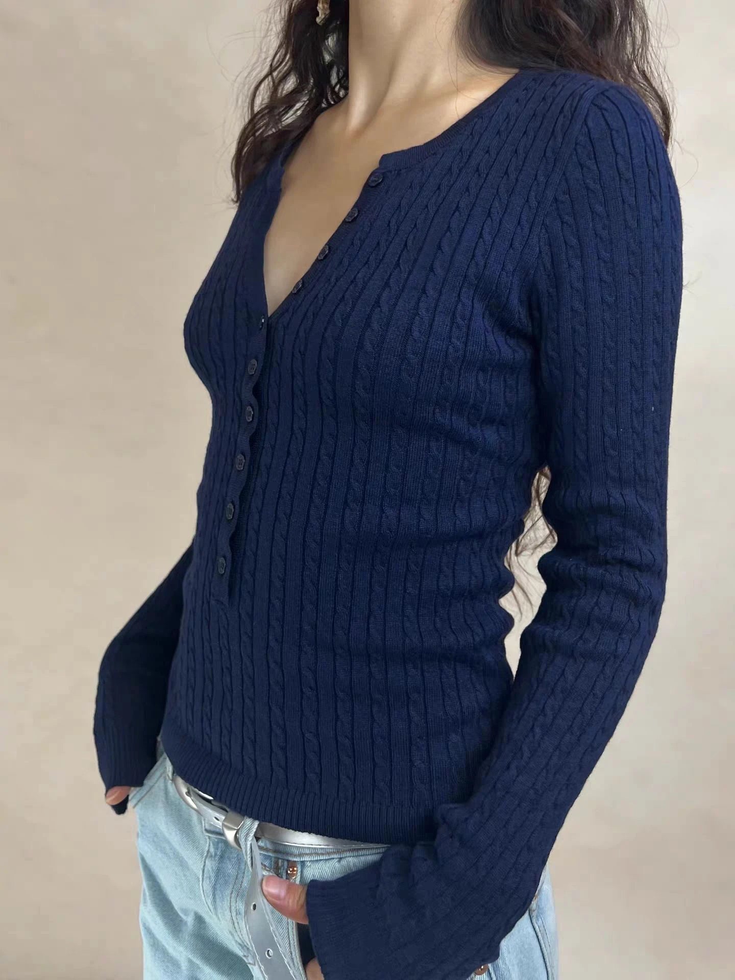 LIZAKOSHT  -  Twist Flower Buttons Knitwear Woman Autumn O-neck Long Sleeve Knitted Slim Pullovers Casual Simple Solid Baisc Sweater Y2k Tops