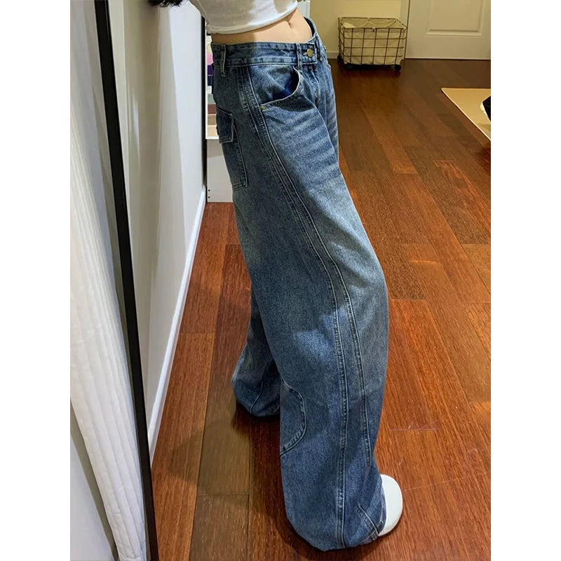 LIZAKOSHT  -  Washed Denim High Waist Wide Leg Jeans Women's Spring New Splicing Floor-Length Pants Retro High Street Style