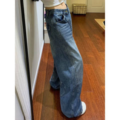 LIZAKOSHT  -  Washed Denim High Waist Wide Leg Jeans Women's Spring New Splicing Floor-Length Pants Retro High Street Style