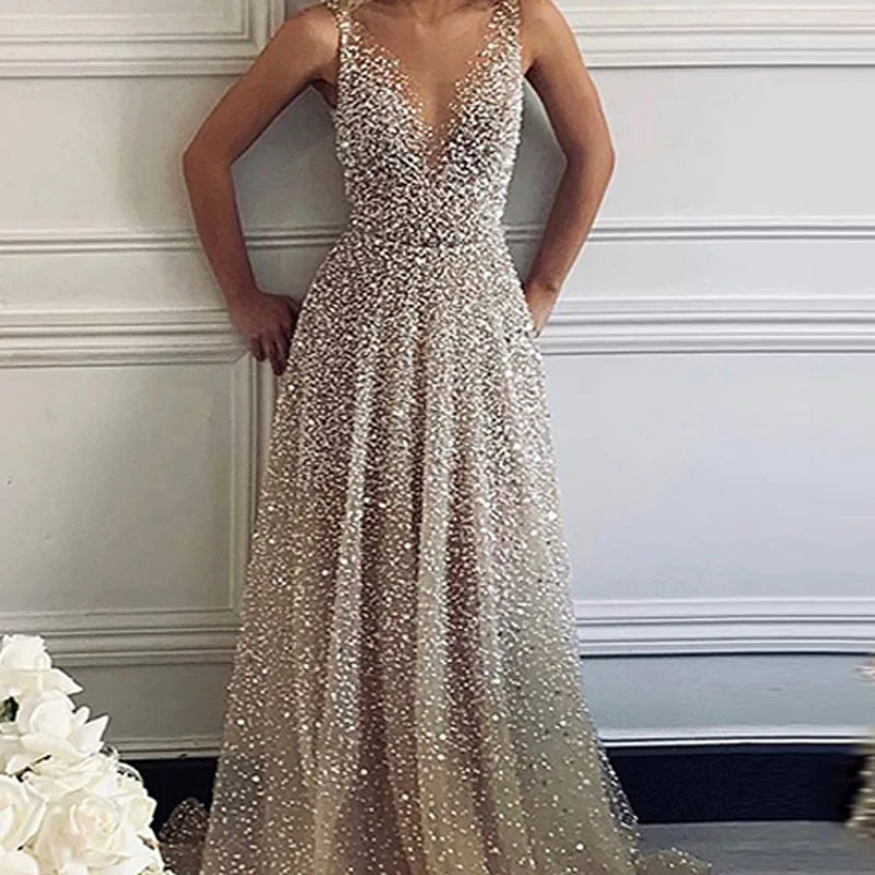LIZAKOSHT  -  Evening Gown Floor Length Dr Sparkling Long Skirt V Ne mid Waist Polyester Fiber Spring Season Princ Sle