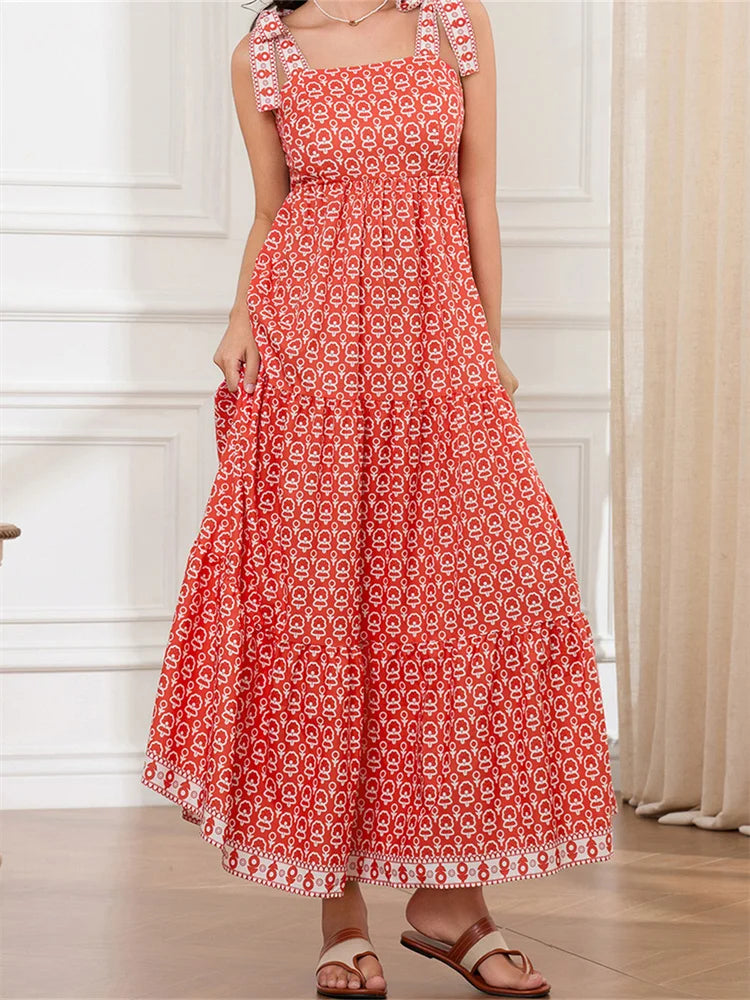LIZAKOSHT  -  Women Sleeveless Tie-up Strap Long Maxi Dress Fashion Print High Waist Backless Dress for Summer Female Vestidos