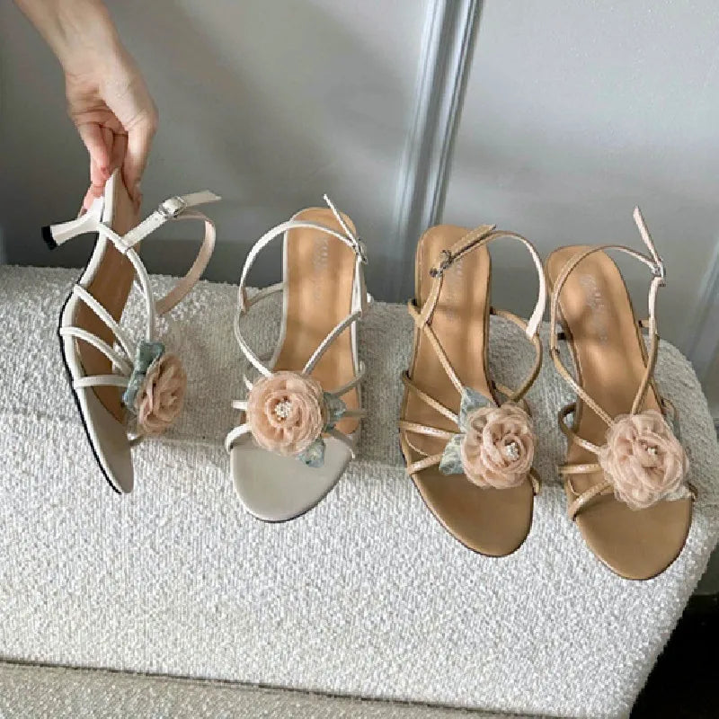 LIZAKOSHT  -  Floral Narrow Strap Designer Branded Sandals for Ladies Summer Open Toe Low Heeled Pumps Elegant Party Dress Buckle High Heels