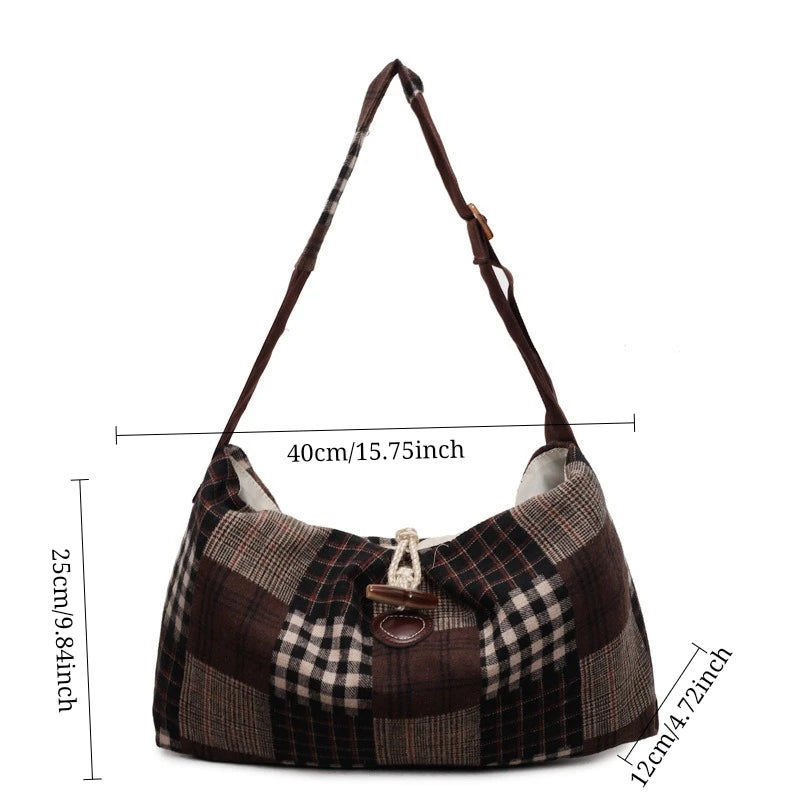 LIZAKOSHT  -  Fashion Plaid Texture Shoulder Bag Autumn Winter Wool Large Capacity Crossbody Bag Retro Lazy Style Lightweight Storage Bag