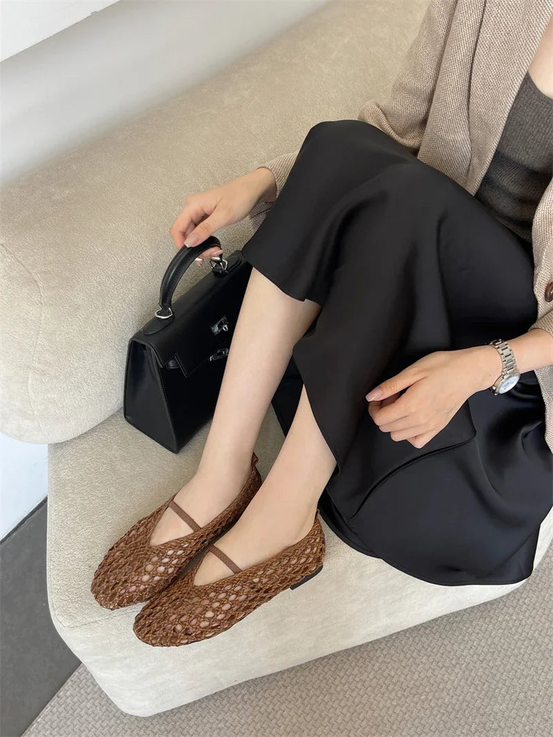 LIZAKOSHT  -  Summer Fashion Round Toe Weave Mesh Hollow Flat Women Loafers Slip On Female Casual Beach Shoes Sandals Zapatos De Mujer