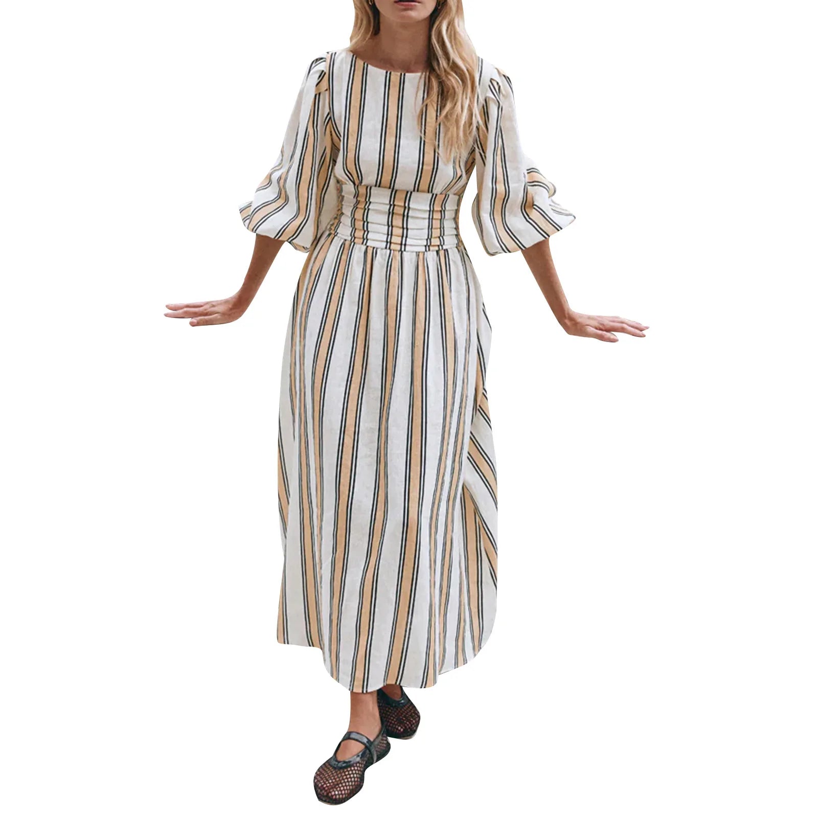 LIZAKOSHT  -  Women Fashion Midi Dress Vintage Striped Print Contrasting Lantern Sleeve Backless Tie-up Waist A-Line Dress Casual Streetwear