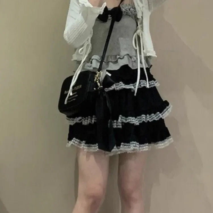 LIZAKOSHT  -  Harajuku Sweet Lolita A-line Skirt for Women Y2k High Waist Ruched Lace Cake Skirts Summer New Pink Faldas Mujer