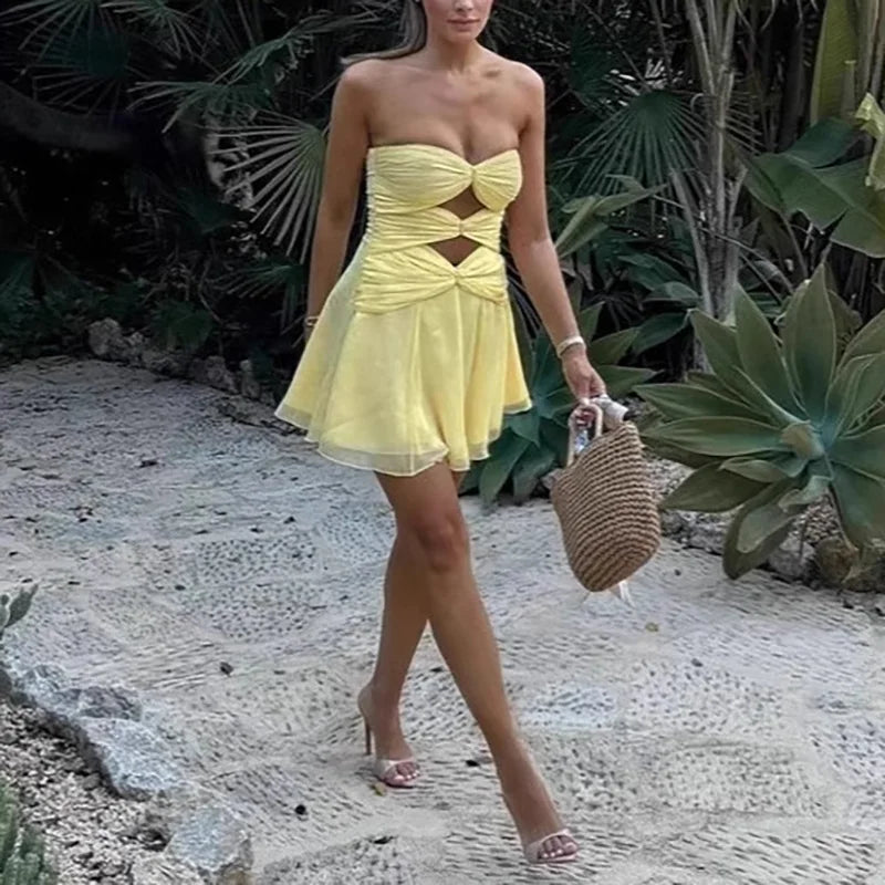 LIZAKOSHT  -  High Street Cocktail Mini Dress Sexy 2025 Strapless Night Club Hollow Backless Mini Dress Female Solid Pleat Party Dress Women