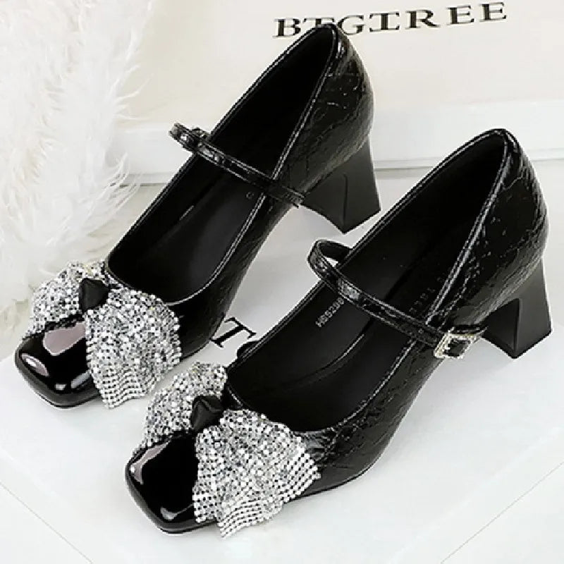 LIZAKOSHT  -  Luxury Rhinestone Bow Chunky Root Mary Jane Shoes Women Fashion Bow Buckle Pumps Summer Slingback Slide Sandals Zapatos De Mujer