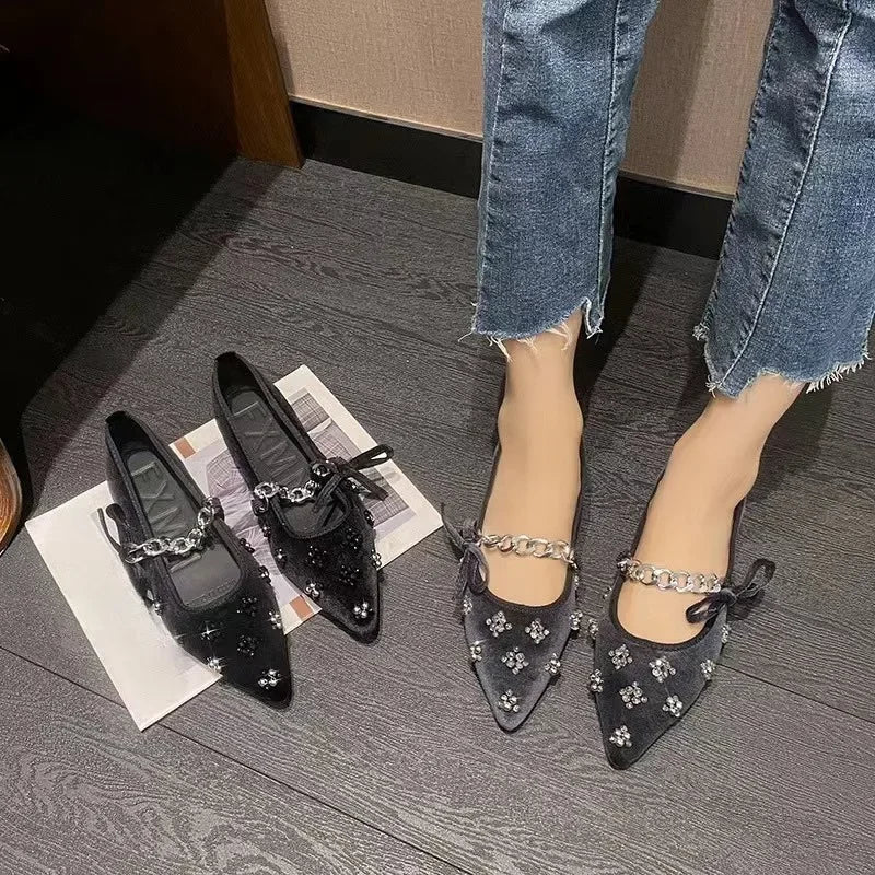 LIZAKOSHT  -  New Water Diamond Women's Shoes Maryjanes Chain Pointed Shallow Mouth Ballet Flat Shoes Casual Single Shoes
