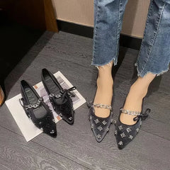 LIZAKOSHT  -  New Water Diamond Women's Shoes Maryjanes Chain Pointed Shallow Mouth Ballet Flat Shoes Casual Single Shoes