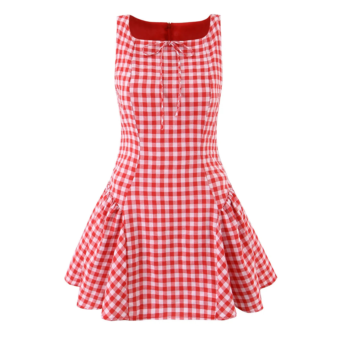 LIZAKOSHT  -  Sexy Red Gingham Plaid Mini Sleeveless Dress Women Bow O Neck Zipper Back Low Waist Ruched Hem Swing Tank Dresses Vestidos Black