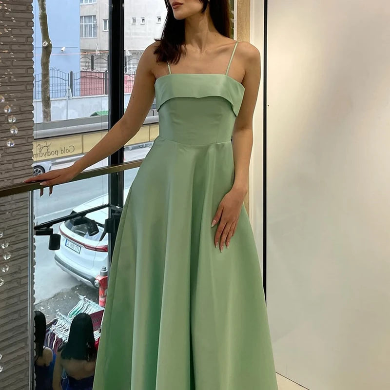 LIZAKOSHT  -  Sexy Waist Cinching Sleeveless Pleated Party Dress Leisure Ladies Solid Dresses French Style Vintage Satin Sling Evening Dresses