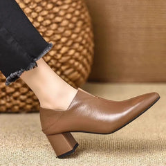 LIZAKOSHT  -  Women's  Pointed Toe Block Heel Pumps Soft Leather Deep Mouth Slip On Shoes Elegant Mid Heel Office Ladies Footwear for Autumn