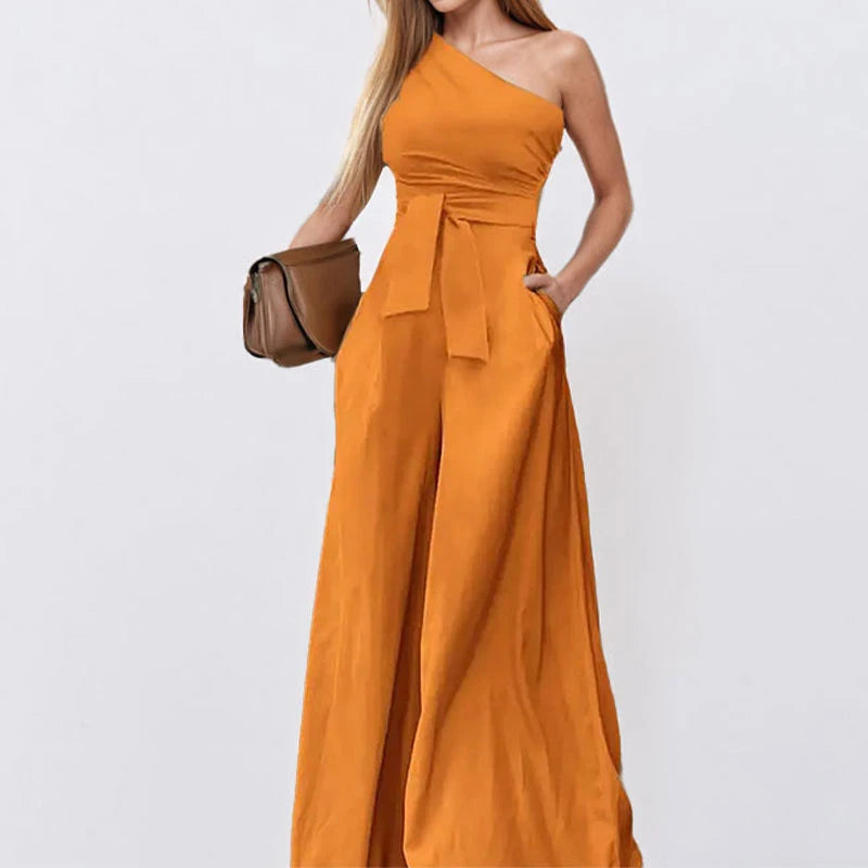 LIZAKOSHT  -  Elegant Diagonal Collar One-shoulder Solid Color High Waist Strappy Sleeveless Pocket Jumpsuit Wide Leg Pants Clubwear