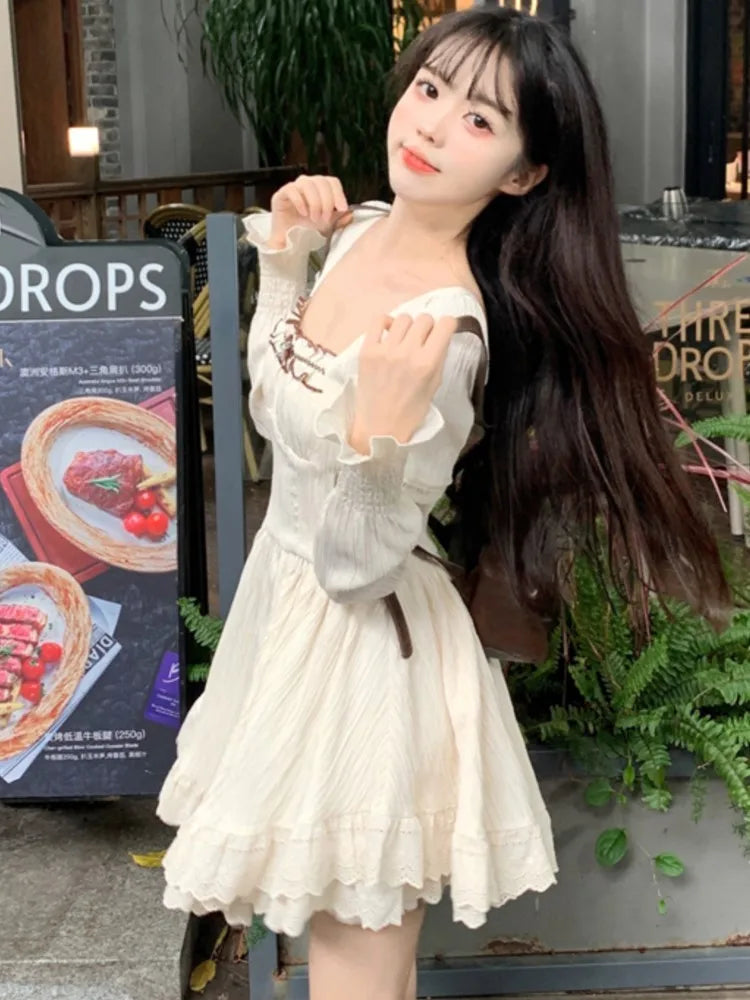 LIZAKOSHT  -  Sweet Apricot Short Dresses for Women Flare Sleeves Square Collar Ruffles A-line High Waist Korean Fashion Mini Vestidos Mujer