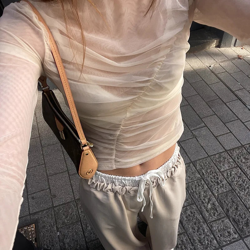 LIZAKOSHT  -  Summer See-Through Mesh T-shirt Top Women Pleated Patchwork See-Through Slim Cropped Top Tee Female Solid T-shirt Pullover