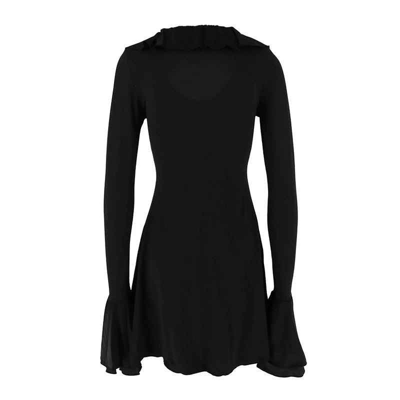 LIZAKOSHT  -  Spring Autumn Deep V Neck Flare Sleeve A-line Mini Dress New Fashion Slimming Chic Birthday Party Lady Night Out Vestidos