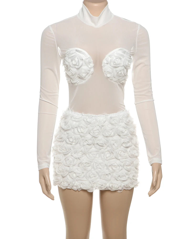 LIZAKOSHT  -  Flower Folds Decorated 2 Piece Set Women o-Neck Mesh Patchwork Full Sleeve Skinny Bodysuits+Mini Skirts Matching Suits