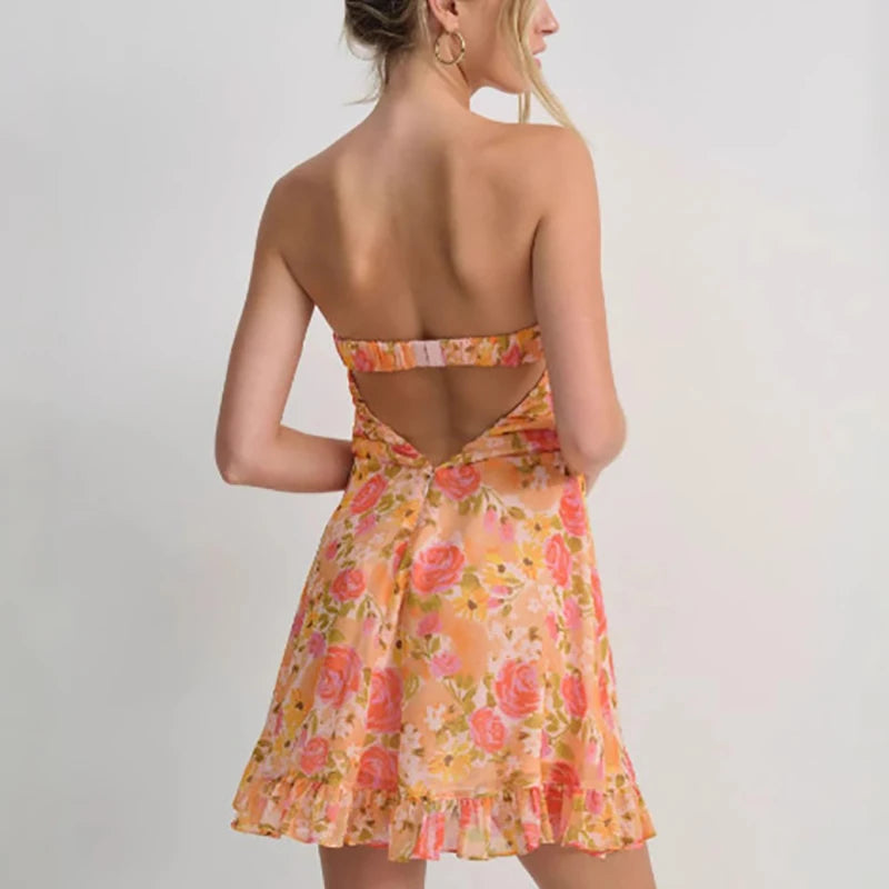 LIZAKOSHT  -  One Shoulder Mini Ruffles Dress Elegant Summer Floral Print Tie-up Party Dress Simple Women Backless Beach Dress New Sweet