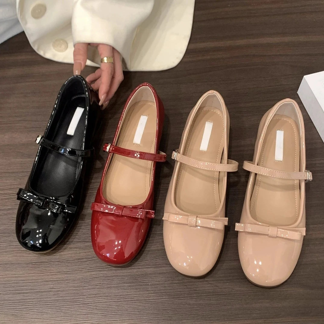 LIZAKOSHT  -  women bouble bowtie flats japanned leather ballerina shoes height increasing bowknot ankle strap loafers women slip on wedges