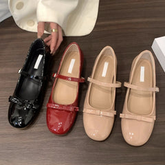 LIZAKOSHT  -  women bouble bowtie flats japanned leather ballerina shoes height increasing bowknot ankle strap loafers women slip on wedges