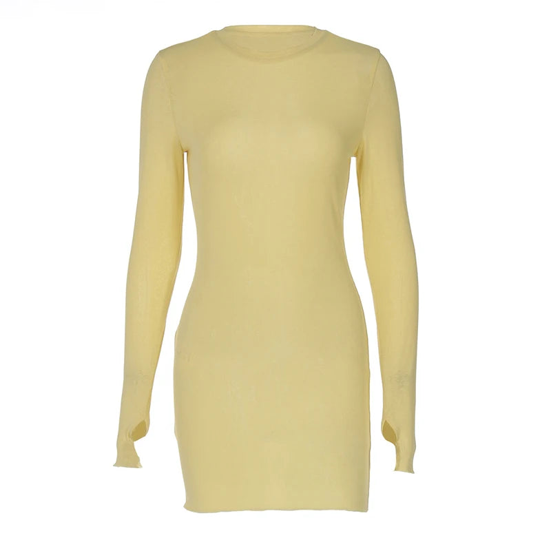 LIZAKOSHT  -  Long Sleeve Casual Solid Color 2025 Women Club Mini Bodycon Dress Round Collar Tight Fit Ladies Spring Sheer Festival Vestidos