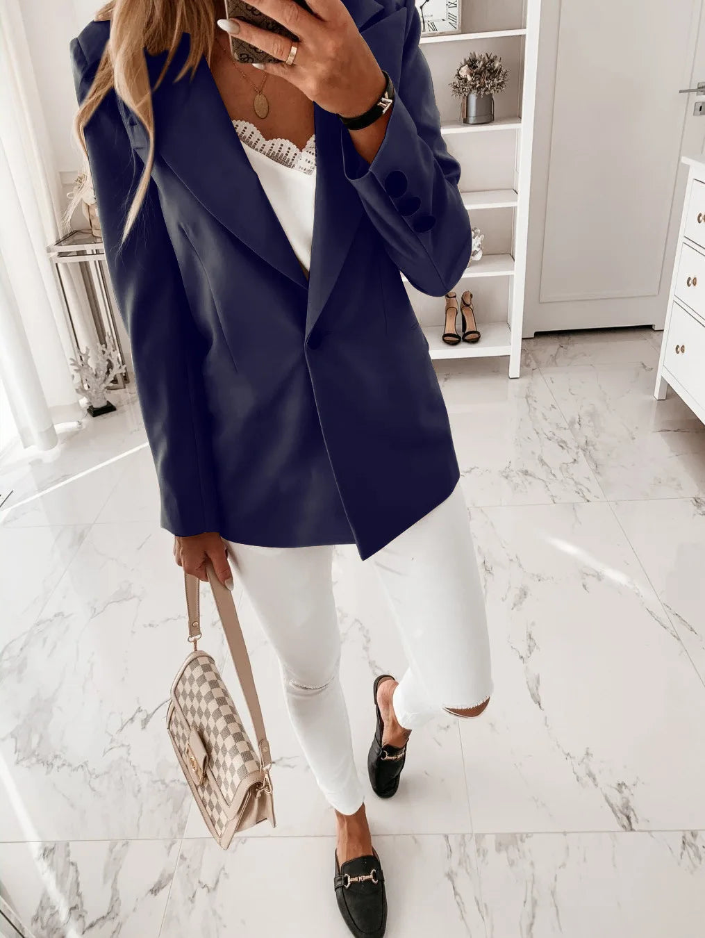 LIZAKOSHT  -  New Long Sleeved Solid Color Suit Collar Button Up Suit Jacket Cardigan