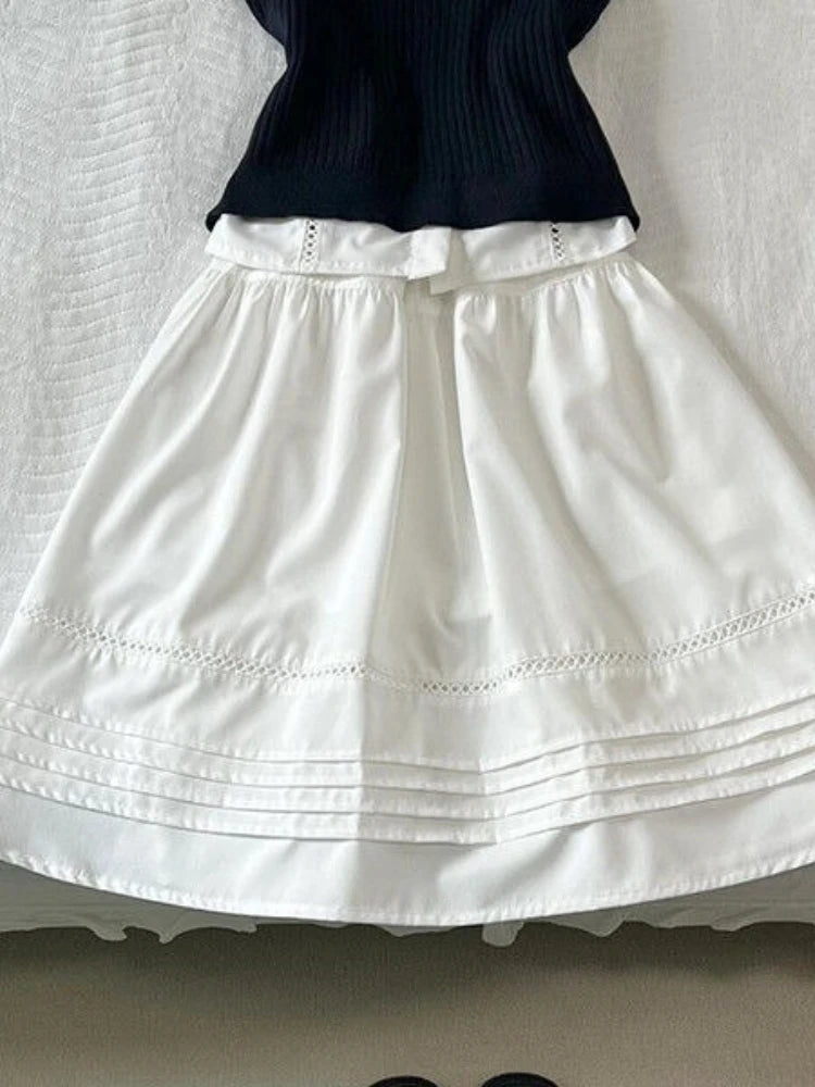 LIZAKOSHT  -  Korea Chic Patchwork 3-piece Set Women White Shirt + solid Vest + Short Skirt Suit Women Babydoll Collar Short-sleeved Set